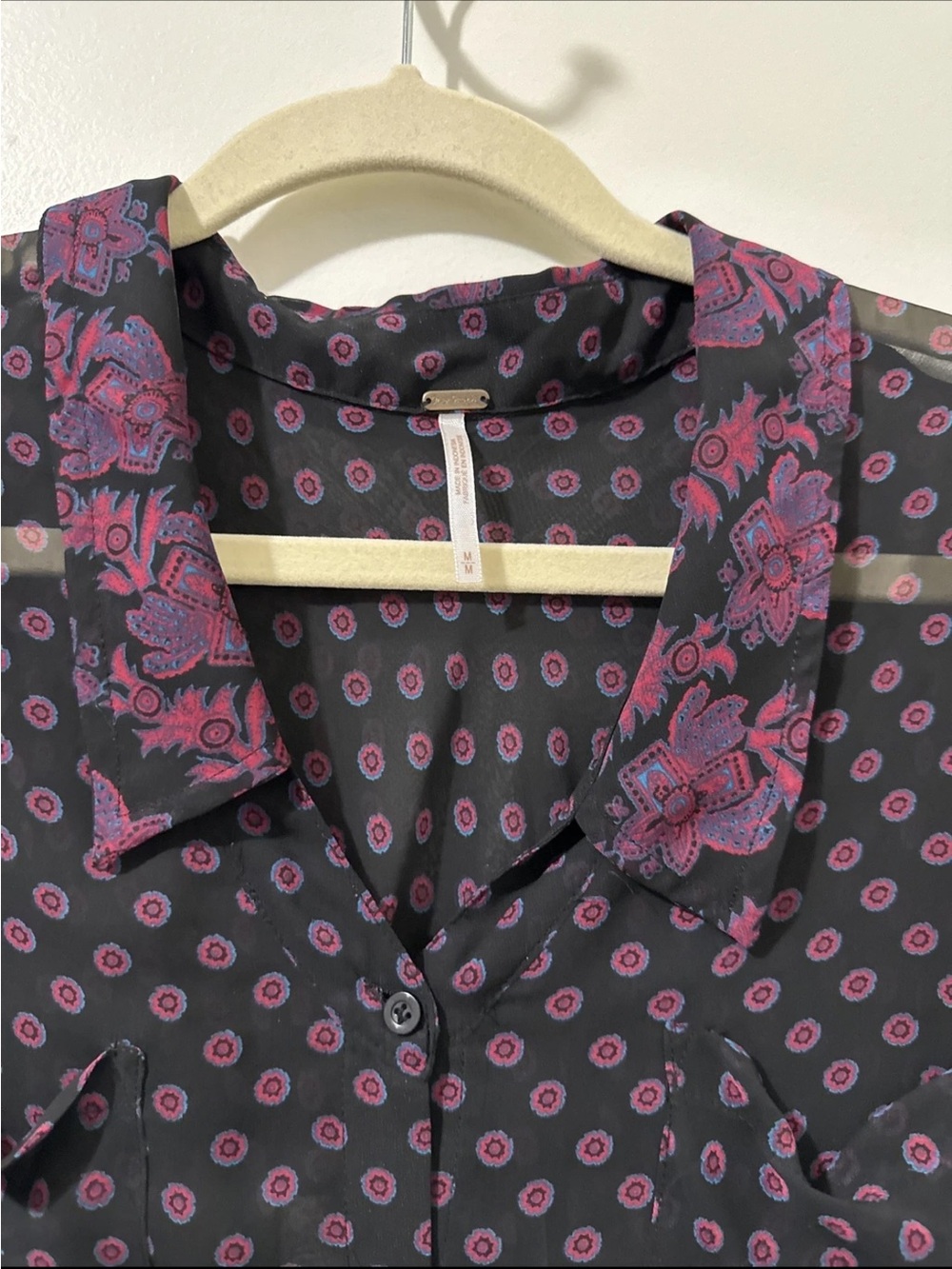 #302 FREE PEOPLE Black Sheer Button-Down Shirt with Purple Dot Print - Picture 4 of 8